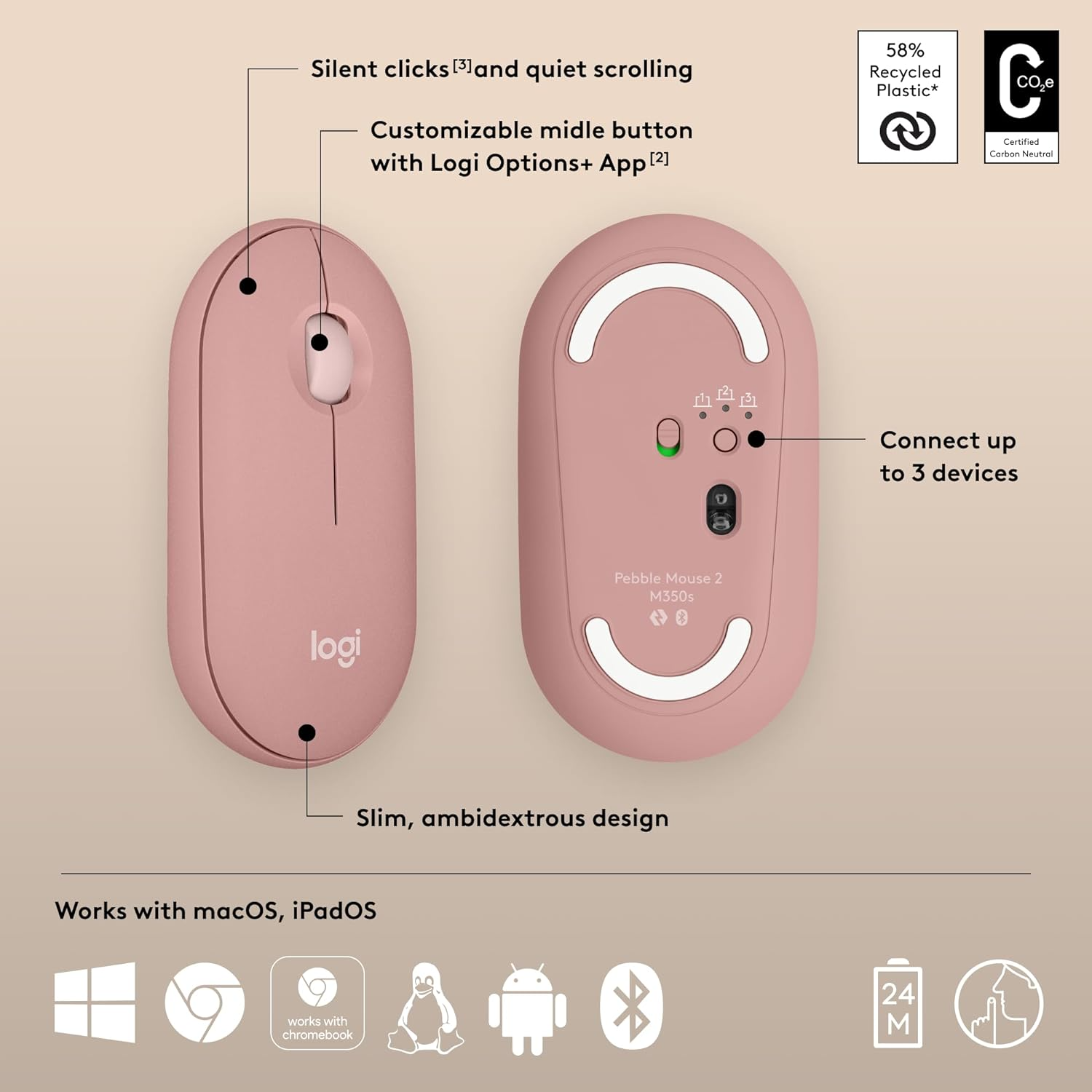 Logitech-Pebble-Mouse-2-M350s-Slim-Bluetooth-Wireless-Mouse-Rose