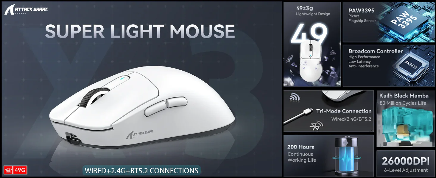 ATTACK SHARK X3 Wireless Gaming Mouse PAW3395 Superlight - White