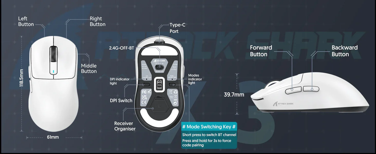 ATTACK SHARK X3 Wireless Gaming Mouse PAW3395 Superlight - White