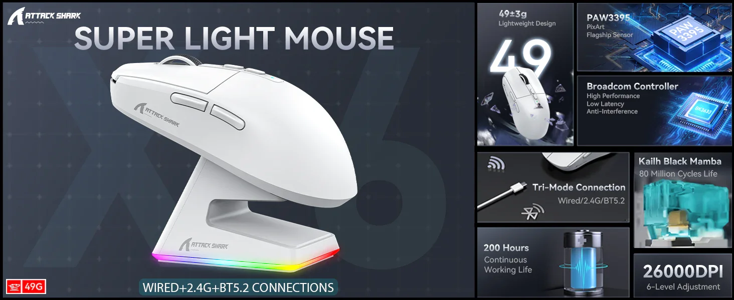 ATTACK SHARK X6 Three Modes Gaming Mouse With Charging Dock - White