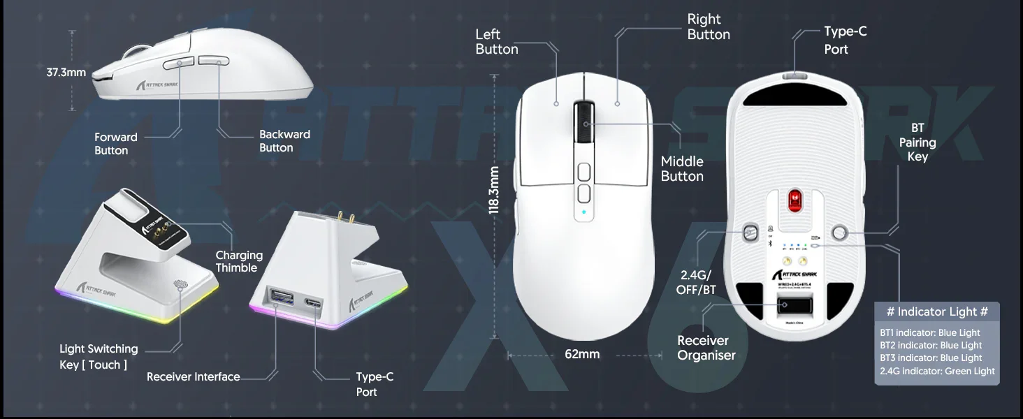 ATTACK SHARK X6 Three Modes Gaming Mouse With Charging Dock - White