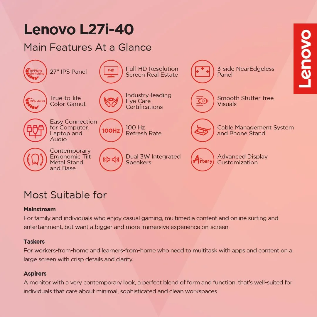 Lenovo L-Series L27i-40 27-inch (68.6cm) FHD IPS Ultraslim Monitor