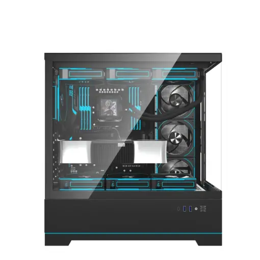 darkFlash DY451 Pro Tempered Glass ATX PC Case, 2x USB 3.0, 1x Type-C, Four-Level Cooling System, Adjustable Fan Speed, Temperature Display, 4x Pre-Installed ARGB Fans - Black - Image 2