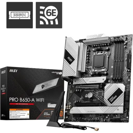 MSI PRO B650-A WiFi AM5 DDR5 Motherboard (AMD Ryzen 9000/8000/7000 Series Processors, ATX, PCIe 4.0, M.2, SATA 6Gb/s, USB 3.2 Gen 2, HDMI/DP, Wi-Fi 6E)