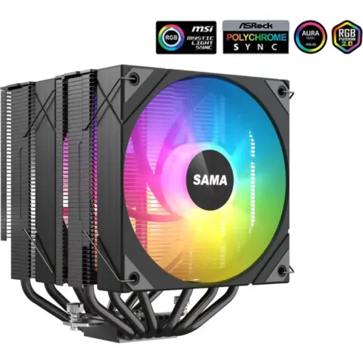 SAMA 6PDW ARGB CPU Air Cooler, 120mm Cooling Fan, Addressable RGB, Aluminum CPU Heatsink for Intel 775/115X/1700/1200/1366 AMD FM2+/FM2/FM1/AM4/AM3/M2+/AM2/AM5 - Black