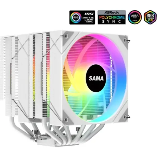 SAMA 6PDW ARGB CPU Air Cooler, 120mm Cooling Fan, Addressable RGB, Aluminum CPU Heatsink for Intel 775/115X/1700/1200/1366 AMD FM2+/FM2/FM1/AM4/AM3/M2+/AM2/AM5 - White