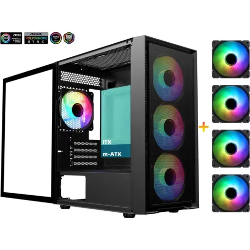 SAMA M203 Tempered Glass Micro ATX Mid Tower Gaming Computer Case w/ 4 × 120mm ARGB Fans Pre-Installed, Support 240mm Liquid Cooling at Top