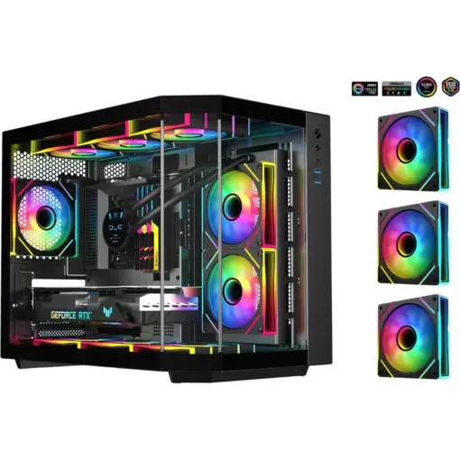 SAMA Neview 2771 Tempered Glass Micro-ATX Tower Gaming Computer Case w/ 3 x ARGB LED Fans (2 x120mm MB Side, 1 x120mm Rear) Pre-Installed, Dual USB3.0 - Black