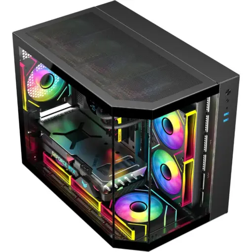 SAMA Neview 2771 Tempered Glass Micro-ATX Tower Gaming Computer Case w/ 3 x ARGB LED Fans (2 x120mm MB Side, 1 x120mm Rear) Pre-Installed, Dual USB3.0 - Black - Image 3