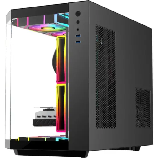 SAMA Neview 2771 Tempered Glass Micro-ATX Tower Gaming Computer Case w/ 3 x ARGB LED Fans (2 x120mm MB Side, 1 x120mm Rear) Pre-Installed, Dual USB3.0 - Black - Image 4