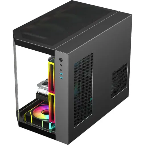 SAMA Neview 2771 Tempered Glass Micro-ATX Tower Gaming Computer Case w/ 3 x ARGB LED Fans (2 x120mm MB Side, 1 x120mm Rear) Pre-Installed, Dual USB3.0 - Black - Image 6