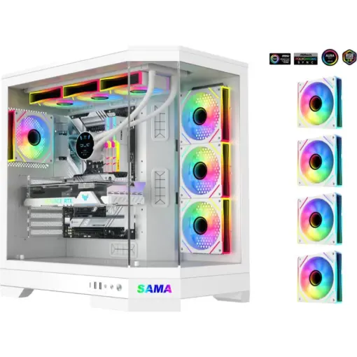 SAMA Neview 3021, Dual USB3.0 and Type C Tempered Glass ATX Full Tower Gaming Computer Case w/ 4 x 120mm ARGB Fans (3 x MB Side, 1 x Rear) Pre-Installed - White