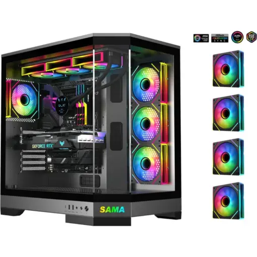 SAMA Neview 3021, Dual USB3.0 and Type C Tempered Glass ATX Full Tower Gaming Computer Case w/ 4 x 120mm ARGB Fans (3 x MB Side, 1 x Rear) Pre-Installed - Black