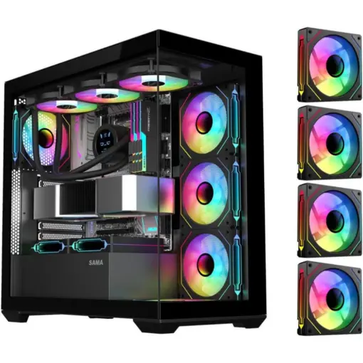 SAMA SV01 Mid Tower ATX Gaming PC Computer Case, 4 Addressable RGB Fans Pre-Installed, Tempered Glass Side Panel, Back Plug Motherboard Design