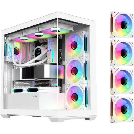 SAMA SV01 Mid Tower ATX Gaming PC Computer Case, 4 Addressable RGB Fans Pre-Installed, Tempered Glass Side Panel, Back Plug Motherboard Design - White