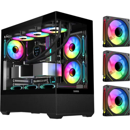 SAMA SV02 ATX Computer Gaming PC Case Mid Tower with 3 ARGB Fans Pre-Installed, Tempered Glass Transparent Side Panel, Dual USB3.0 and Type C, BTF Back Plug Motherboard Design - Black