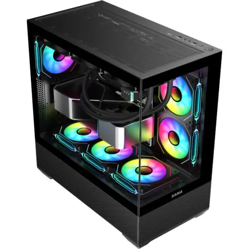 SAMA SV02 ATX Computer Gaming PC Case Mid Tower with 3 ARGB Fans Pre-Installed, Tempered Glass Transparent Side Panel, Dual USB3.0 and Type C, BTF Back Plug Motherboard Design - Black - Image 2