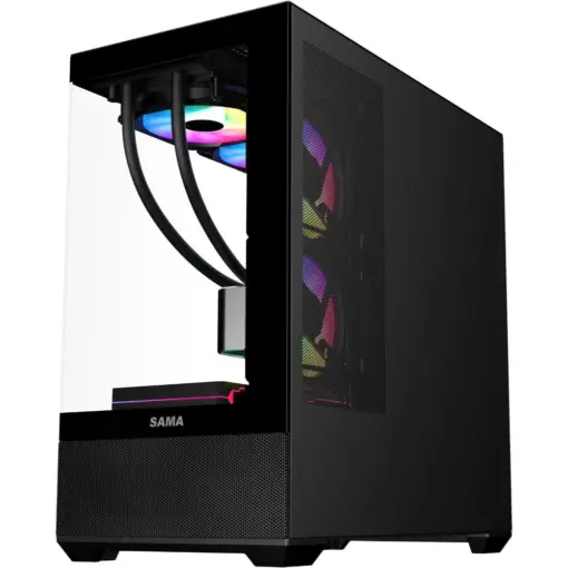 SAMA SV02 ATX Computer Gaming PC Case Mid Tower with 3 ARGB Fans Pre-Installed, Tempered Glass Transparent Side Panel, Dual USB3.0 and Type C, BTF Back Plug Motherboard Design - Black - Image 3