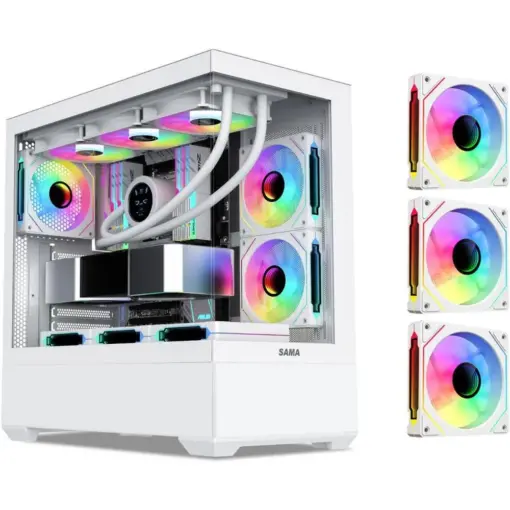 SAMA SV02 ATX Computer Gaming PC Case Mid Tower with 3 ARGB Fans Pre-Installed, Tempered Glass Transparent Side Panel, Dual USB3.0 and Type C, BTF Back Plug Motherboard Design - White