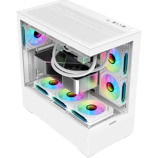 SAMA SV02 ATX Computer Gaming PC Case Mid Tower with 3 ARGB Fans Pre-Installed, Tempered Glass Transparent Side Panel, Dual USB3.0 and Type C, BTF Back Plug Motherboard Design - White - Image 2