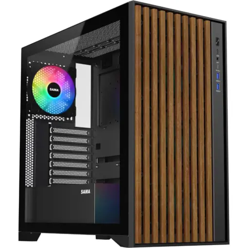 SAMA V Nature ATX mATX Mid Tower PC Case, Front Panel with 10 Dark Walnut Colored European Beech Wood, 4 Addressable RGB Fans Pre-Installed - Black