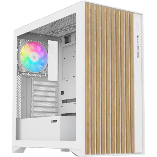 SAMA V Nature ATX mATX Mid Tower PC Case, Front Panel with 10 Walnut Colored European Beech Wood, 4 Addressable RGB Fans Pre-Installed - White