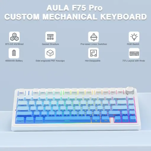 AULA F75 Pro Wireless Mechanical Keyboard,75% Gasket Hot Swappable Custom Keyboard - Gradient Blue