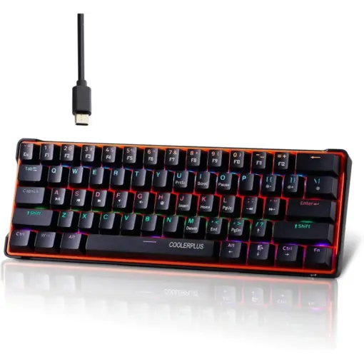 COOLERPLUS CP-K55 Compact RGB Wired Mechanical Keyboard, 60% Layout, 61 Keys Anti-ghosting, Double Shot Keycaps with LED Backlit, Detachable USB-C Cable, Plug and Play - Outemo Red Switches - Black