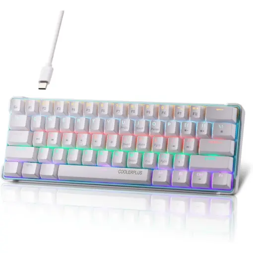 COOLERPLUS CP-K55 Compact RGB Wired Mechanical Keyboard, 60% Layout, 61 Keys Anti-ghosting, Double Shot Keycaps with LED Backlit, Detachable USB-C Cable, Plug and Play - Outemo Red Switches - White