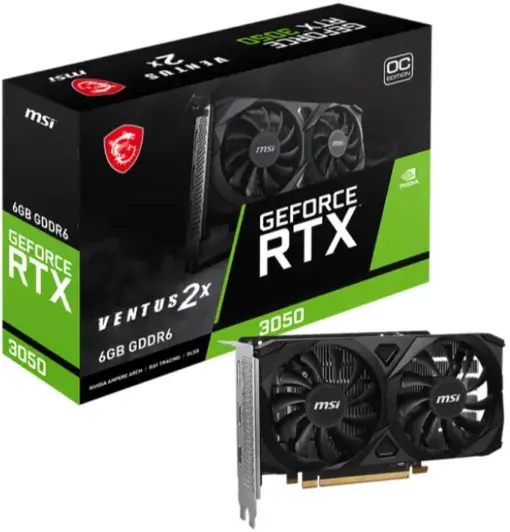 MSI Gaming GeForce RTX 3050 VENTUS 2X E 6G OC Graphics Card, GDDR6, 96-Bit, 1492 MHz, 14Gbps, HDMI/DP, Ampere Architecture