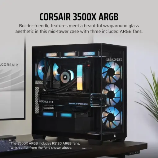 CORSAIR 3500X ARGB Mid-Tower ATX PC Case – Panoramic Tempered Glass – Reverse Connection Motherboard Compatible – 3X CORSAIR RS120 ARGB Fans Included- Black - Image 4