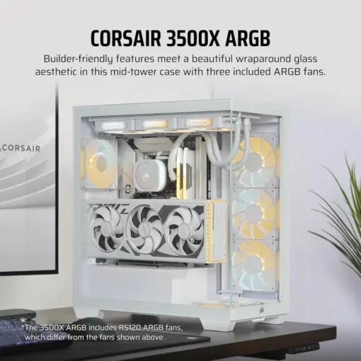 CORSAIR 3500X ARGB Mid-Tower ATX PC Case – Panoramic Tempered Glass – Reverse Connection Motherboard Compatible – 3X CORSAIR RS120 ARGB Fans Included- White - Image 2