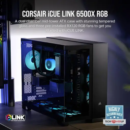 CORSAIR iCUE LINK 6500X RGB Mid-Tower ATX Dual Chamber PC Case – Panoramic Tempered Glass - Reverse Connection Motherboard Compatible – 3x CORSAIR RX120 RGB Fans Included – Black - Image 4