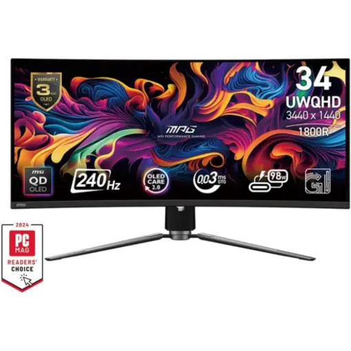 MSI MPG 341CQPX QD-OLED 34-inch Curved OLED Gaming Monitor, 3440 x 1440 (UWQHD), 0.03ms Response time, 240Hz, True Black HDR 400, HDMI, DP Port, USB Type C, Tilt, Height Adjustable