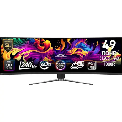 MSI MPG 491CQPX QD-OLED 49-inch (DQHD) Gaming Monitor, 240Hz, Adaptive-Synch, HDMI, Display Port, VGA Port, VESA Mountable, Tilt, Height Adjustable, Speaker, 0.03ms, Black