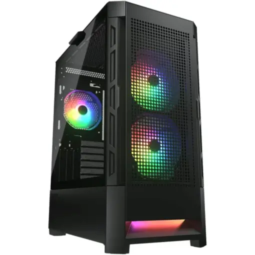 COUGAR Airface RGB E-ATX Mid Tower PC Case, Tempered Glass, Mesh Front Panels, Up to 280mm Radiator Support, USB 3.0*2, USB 2.0, Pre-Installed Front 2*140 & Rear 1*120 ARGB Fans - Black