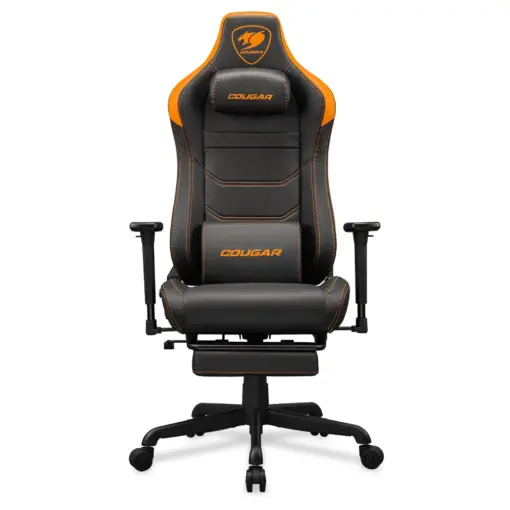 COUGAR ARMOR EVO S Ergonomic Gaming Chair, Breathable PVC Leather, Retractable Footrest, Magnetic Neck Pillow and Lumbar Cushion, 3D Adjustable Armrest, Reclining Backrest up to 155º Tilt & Lock Mechanism - Black/Orange