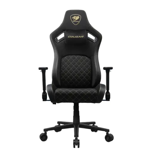 COUGAR DEFENSOR Gold F Ergonomic Office/Gaming Chair, Adjustable Height and Tilt, 155º Recline, 4D Folding Armrests, Magnetic Memory Foam Neck Pillow, Durable Hyper-dura Leatherette Upholstery, Woven Fabric, Back Pockets, 120kg Capacity - Black/Gold