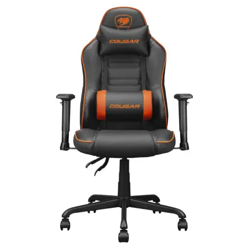 COUGAR FUSION S Ergonomic Gaming Chair, Breathable PVC Faux Leather, Metal 5-Star Base, Built-in 3D Curved Lumbar Support, Adjustable Armrest, Class 4 Gas Lift Cylinder, 120kg Capacity - Black/Orange