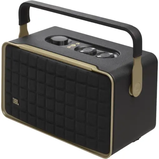 JBL Authentics 300 - Retro Style Wireless Bluetooth/WiFi Home Speaker, Built in Battery (4800mAh), Music Streaming Services via Built-in Wi-Fi, Built in Alexa and Google Assistant - Black/Gold