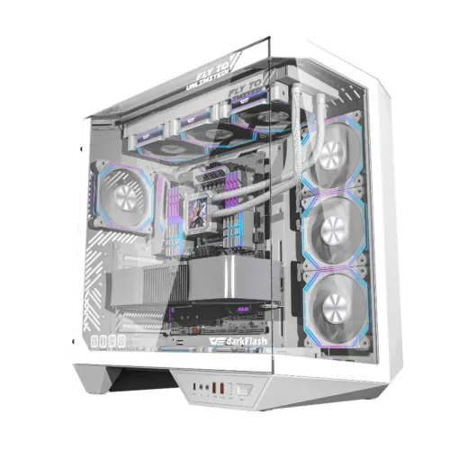 darkFlash DY470 Tempered Glass ATX PC Case, Three-sided Glass Panel View, 2x USB 3.0, 1x Gen 2 Type-C, Horizontal and Vertical PCIE Slots, Dual 360mm Radiators Support, Back-connect Motherboard Compatible, 4x ARGB Fans Included - White