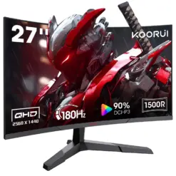 KOORUI 27E6QCA 27-inch Curved QHD 180Hz 1ms 100% sRGB, 90% DCI-P3, 1500R Curved, VA Display, Adaptive-Sync, 16.7m Color Display, 2x HDMI/DP
2.1 Gaming Monitor