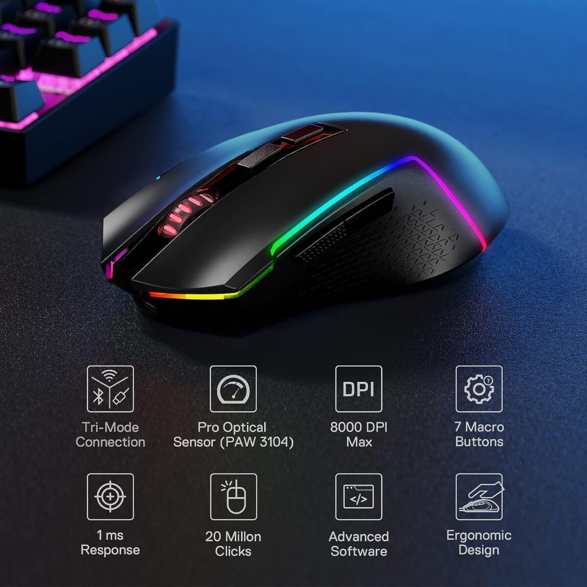 Redragon TRIDENT M693 Wireless Bluetooth RGB Gaming Mouse - Image 3