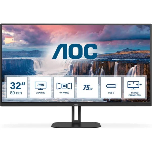 AOC Q32V5CE 31.5-inch QHD Monitor, 75Hz, VA, 1ms, FreeSync, Speakers, Low Blue Mode, Flicker Free, USB HUB (2560 x 1440 @ 75Hz, 300 cd/m² , HDMI 2.0/DP 1.2)