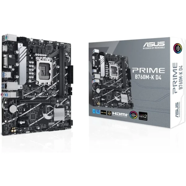 ASUS PRIME B760M-K D4 Intel B760 (LGA 1700) (13th and 12th Gen) mATX Motherboard, PCIe 4.0, two PCIe 4.0 M.2 Slots, DDR4, Realtek 2.5Gb Ethernet, HDMI, SATA 6 Gbps, Front USB 3.2 Gen 1, Aura Sync