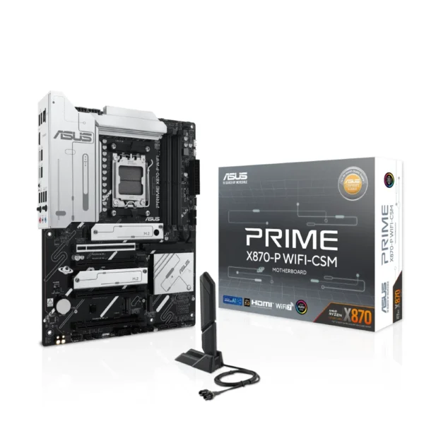 ASUS PRIME X870-P WIFI-CSM ATX DDR5 Motherboard, Ryzen 9000, 8000 & 7000 Series Processors Ready, 3X PCIe 4.0 x16 Slots, Wi-Fi 7, AI Solutions, USB 40Gbps Type-C, PCIe 5.0 Slots, EZ PC DIY, Aura Sync