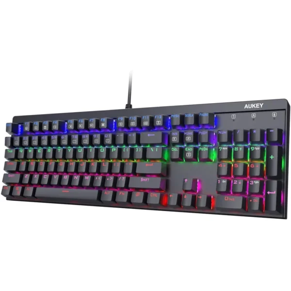 AUKEY KM-G6 Wired Mechanical Gaming Keyboard, 104 Keys, Vibrant 6-Color Backlighting, N-key Rollover (Outemu Blue Switch, Black)