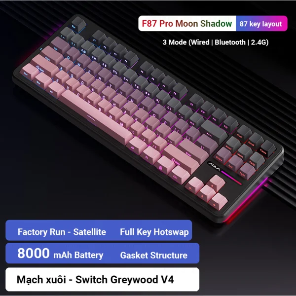 AULA F87 Pro Wireless Mechanical Keyboard, 80% Gasket Hot Swappable Custom Keyboard - Black Gradient Pink Contours - LEOBOG Greywood V4 Switch