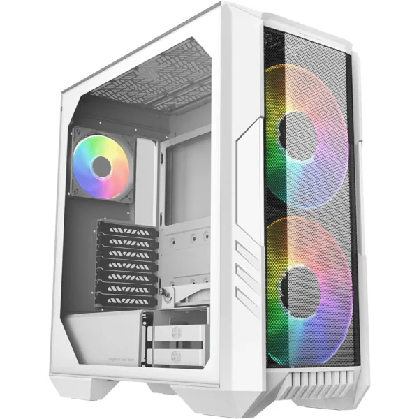 Cooler Master HAF 500 Mid-Tower PC Case, 2x 200mm Pre-Installed ARGB Fans for High-Volume Airflow, Rotatable 120mm GPU Fan, Versatile Cooling Options, Tempered Glass Side Panel, Removeable Top - White