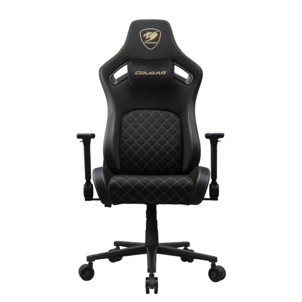 COUGAR DEFENSOR Gold F Ergonomic Office/Gaming Chair, Adjustable Height and Tilt, 155º Recline, 4D Folding Armrests, Magnetic Memory Foam Neck Pillow, Durable Hyper-dura Leatherette Upholstery, Woven Fabric, Back Pockets, 120kg Capacity - Black/Gold